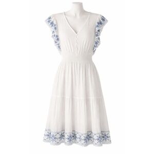 J Gee White V-Neck Smocked Gauze Midi Dress Blue Embroidery Boho Cottage Large